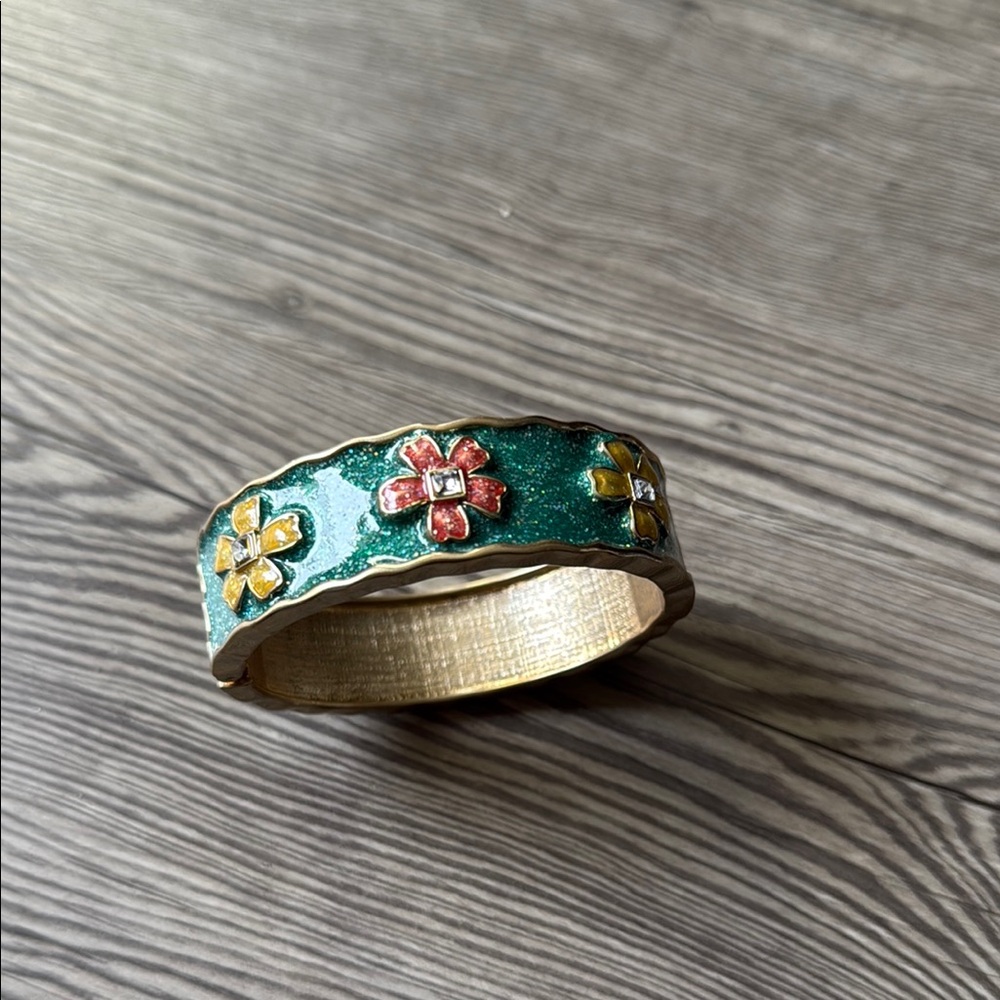 Green Enamel Floral Hinged Bangle Bracelet